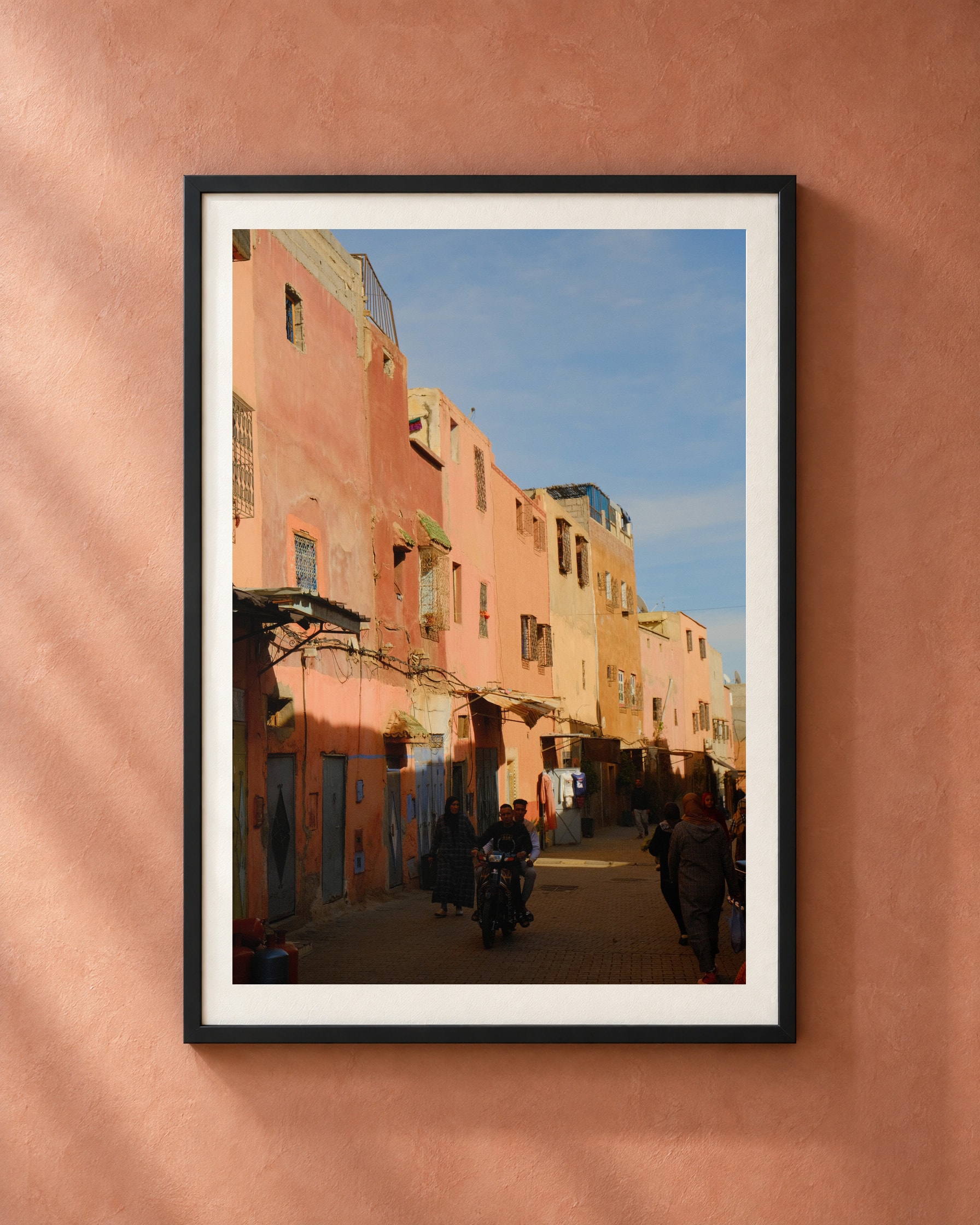 Pink Hour Marrakech, framed print shown on a wall